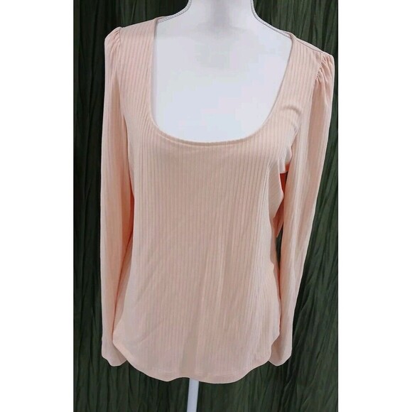 Anthropologie Peach Ribbed Long Sleeve Square Neck Top Large - Picture 1 of 7
